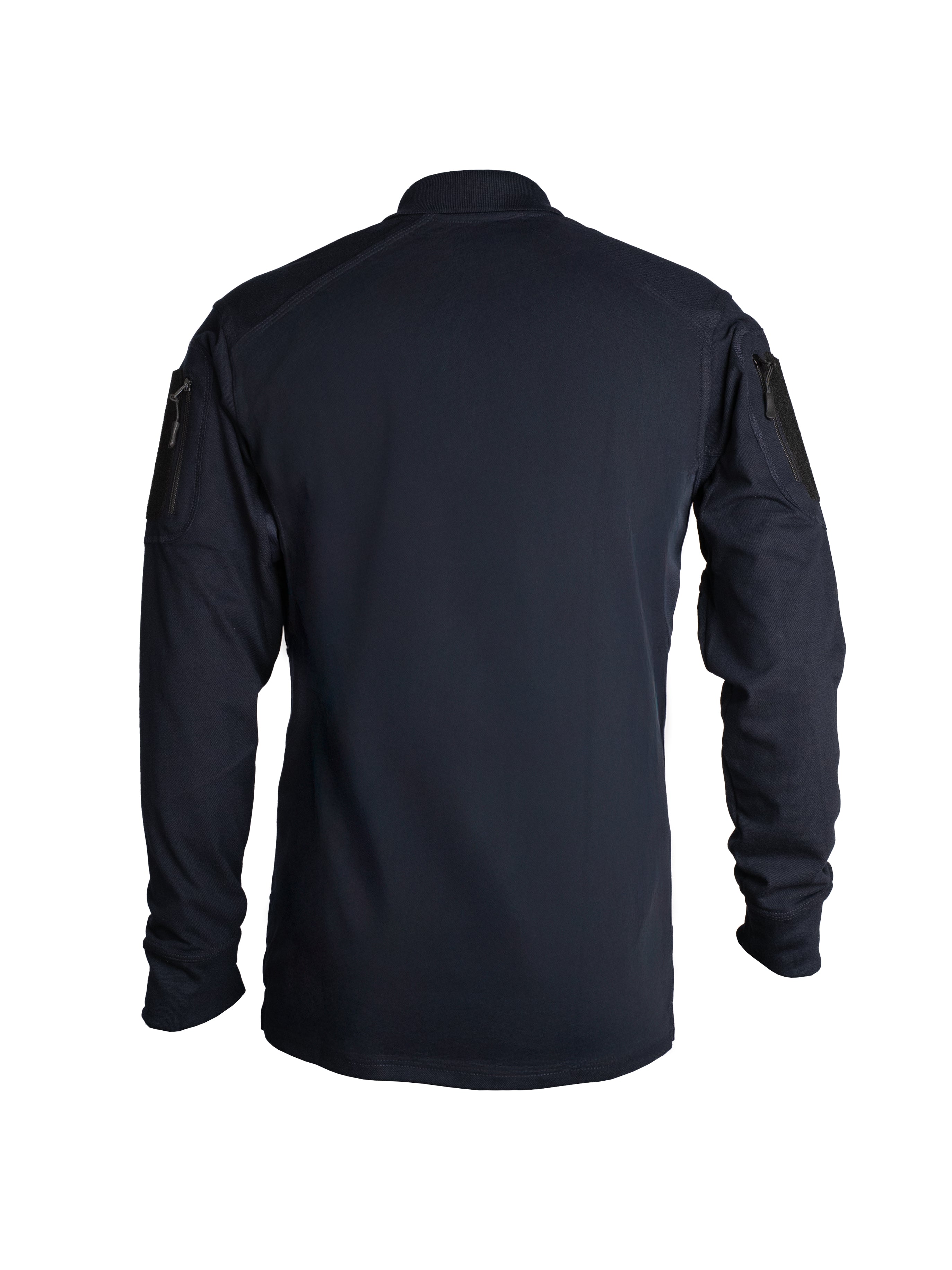 Playera táctica manga larga azul medianoche con velcros y respiradores, uniforme profesional para vigilancia y tareas operativas.