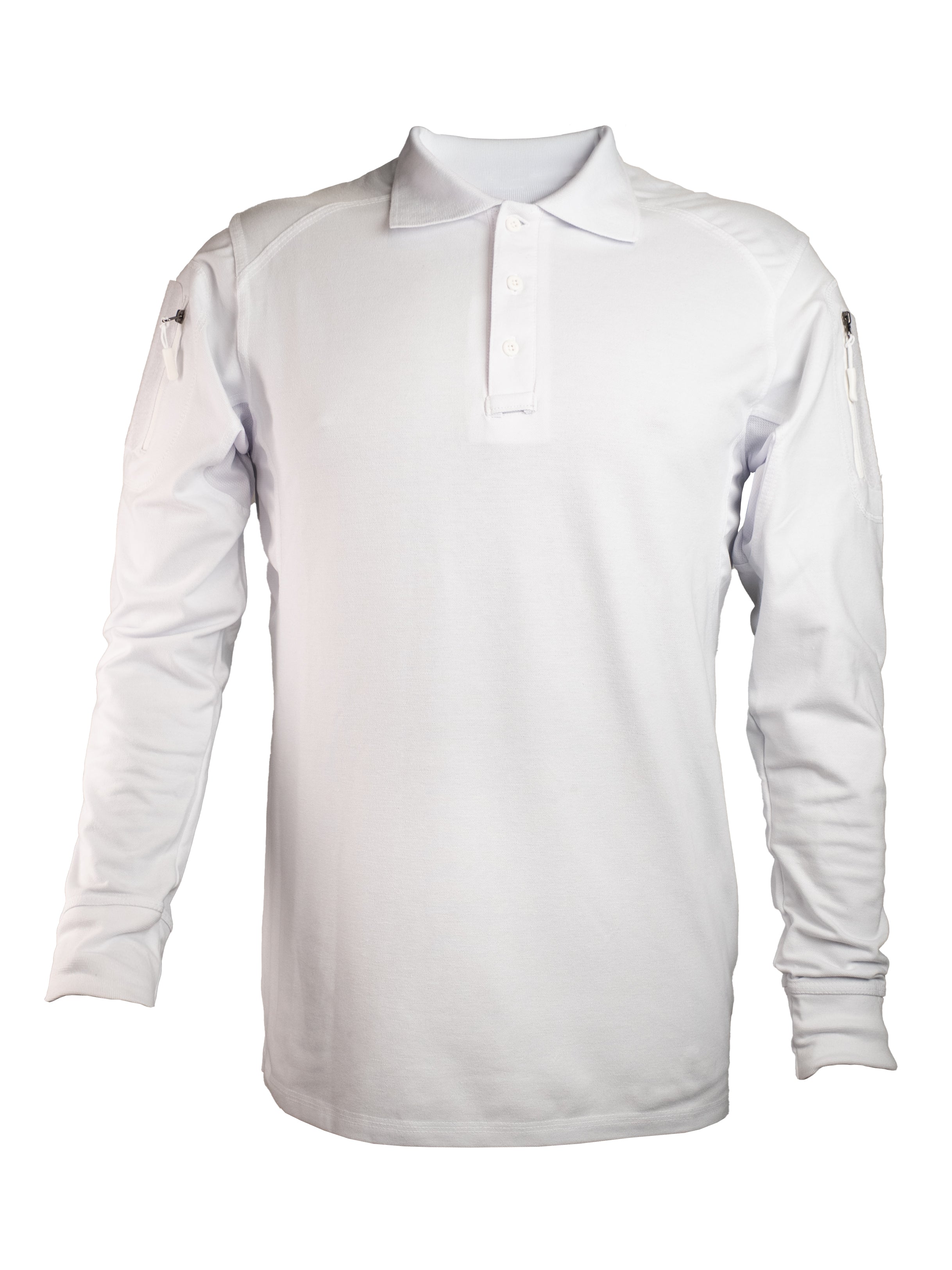 Playera polo táctica blanca de manga larga con velcros en brazos y ventilación en axilas, ideal para personal de seguridad o logística.