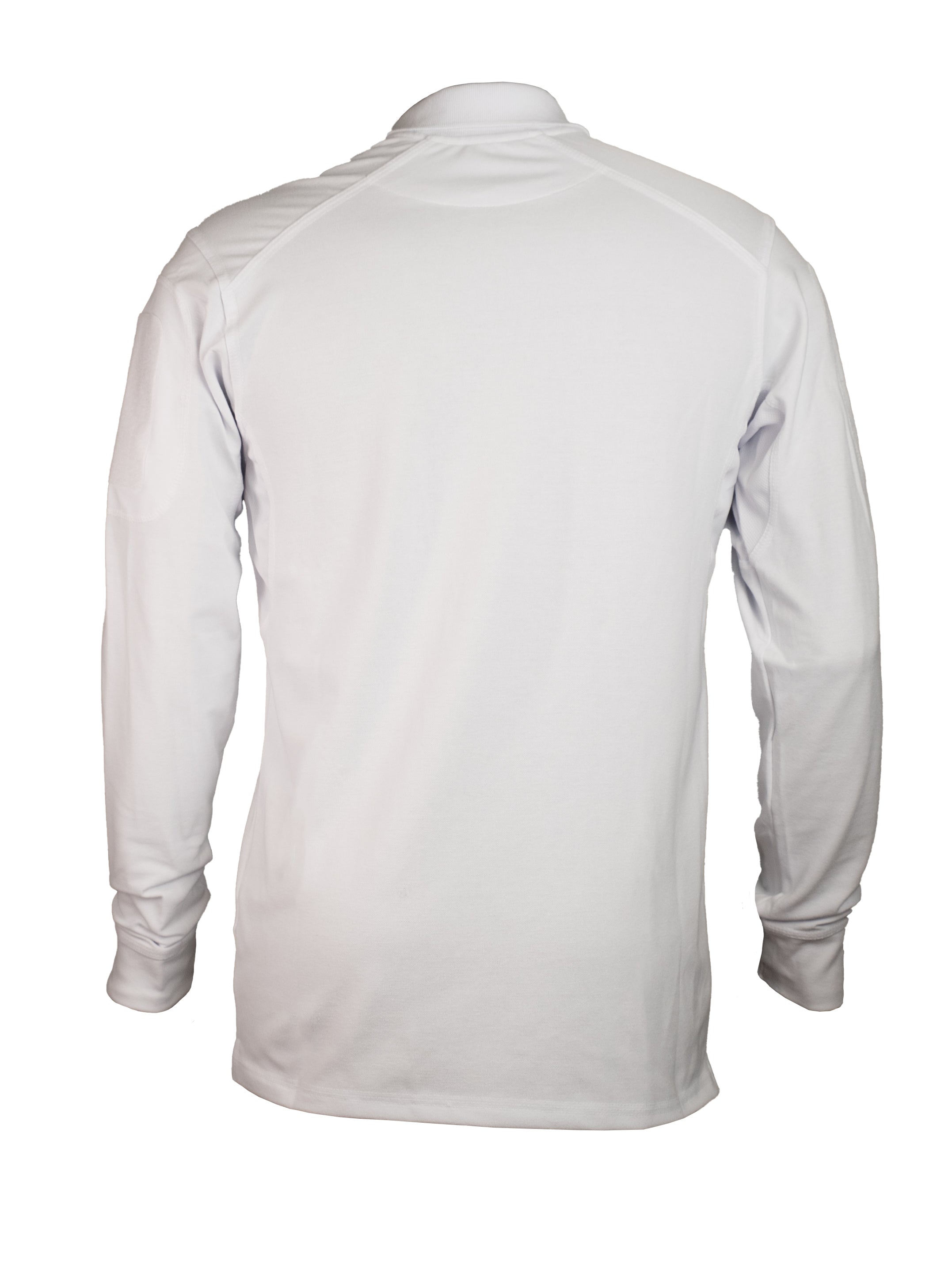 Playera polo táctica blanca de manga larga con velcros en brazos y ventilación en axilas, ideal para personal de seguridad o logística.