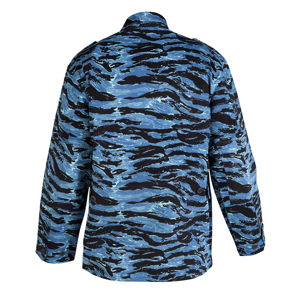 Camisola táctica camuflaje tigre azul en algodón, versátil y fresca para tareas de campo o patrullaje