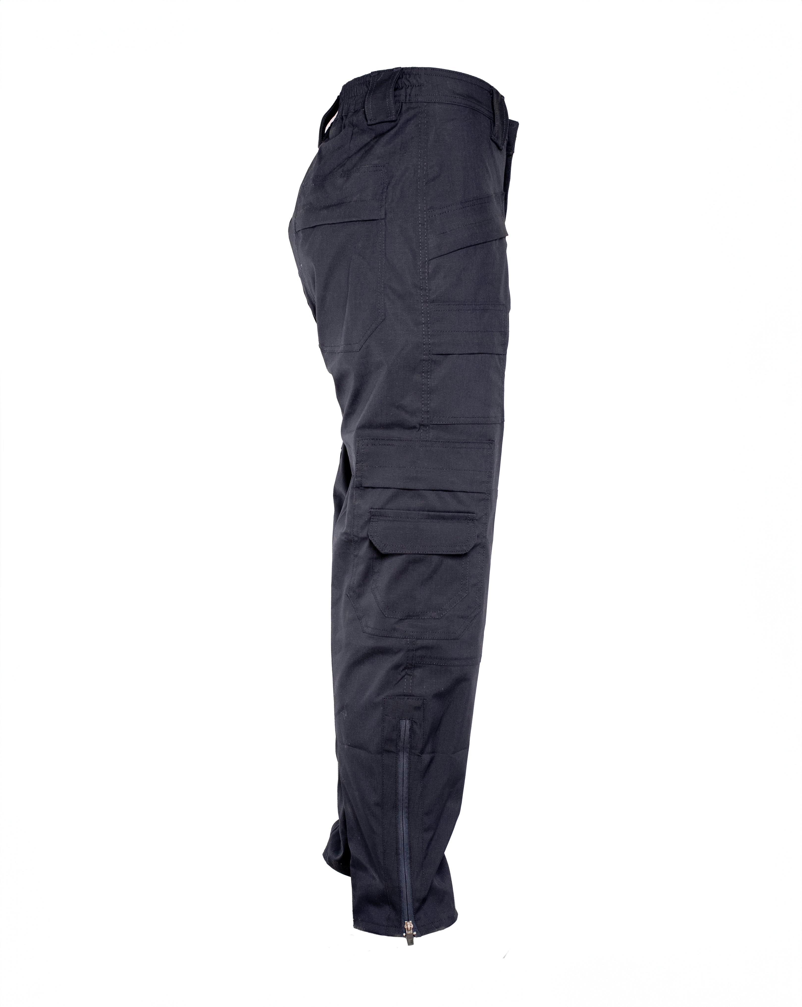 Vista lateral del pantalón táctico Aviador azul medianoche, micro ripstop y elastano