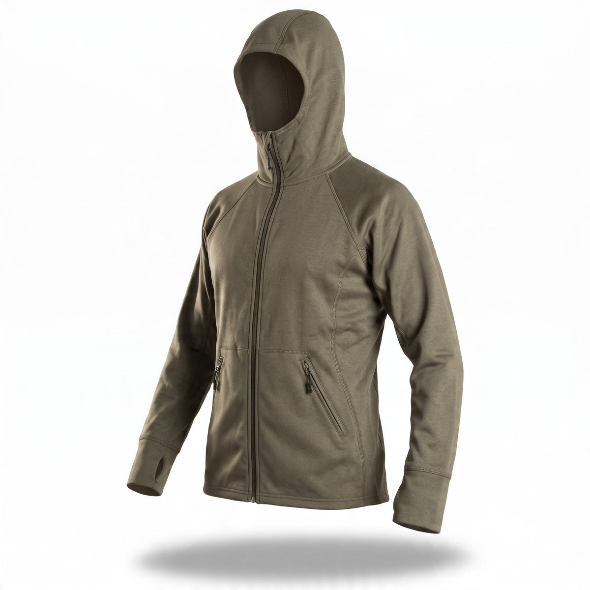 PantaTony Dharmia tactical olive green hooded jacket with ergonomic fit, YKK zippers, and thumbhole cuffs.
