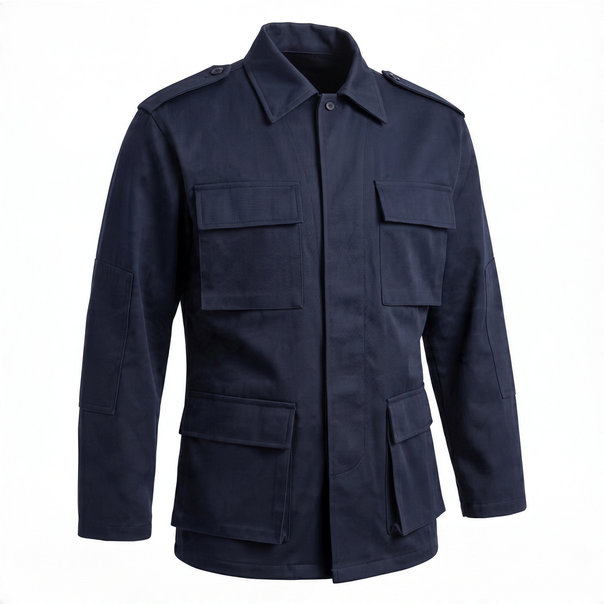 PantaTony midnight blue heavy-duty gabardine tactical uniform shirt with four front pockets and shoulder epaulets.