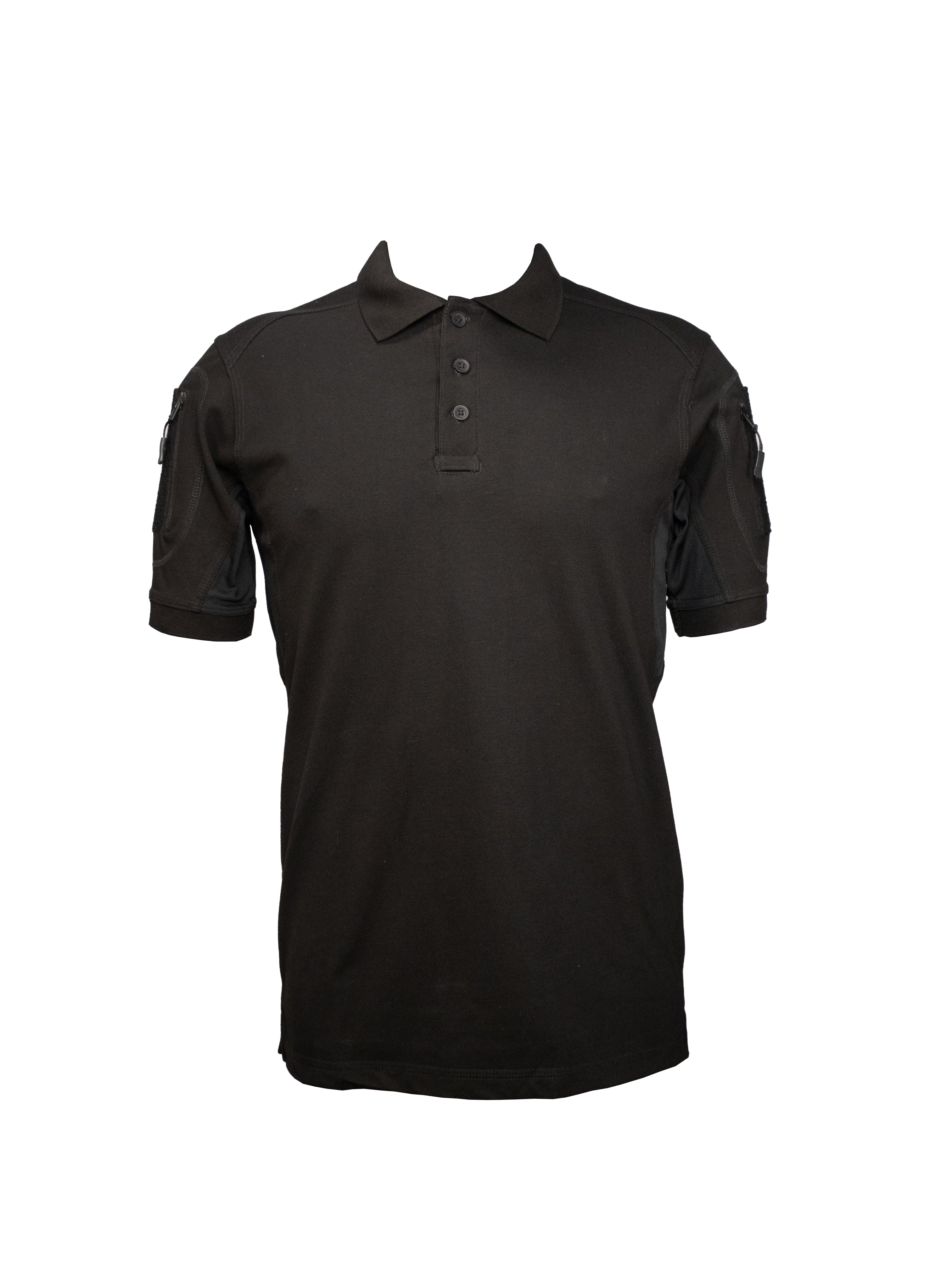 Playera polo táctica negra de manga corta con bolsillo en manga, uniforme ideal para seguridad privada y corporativa.