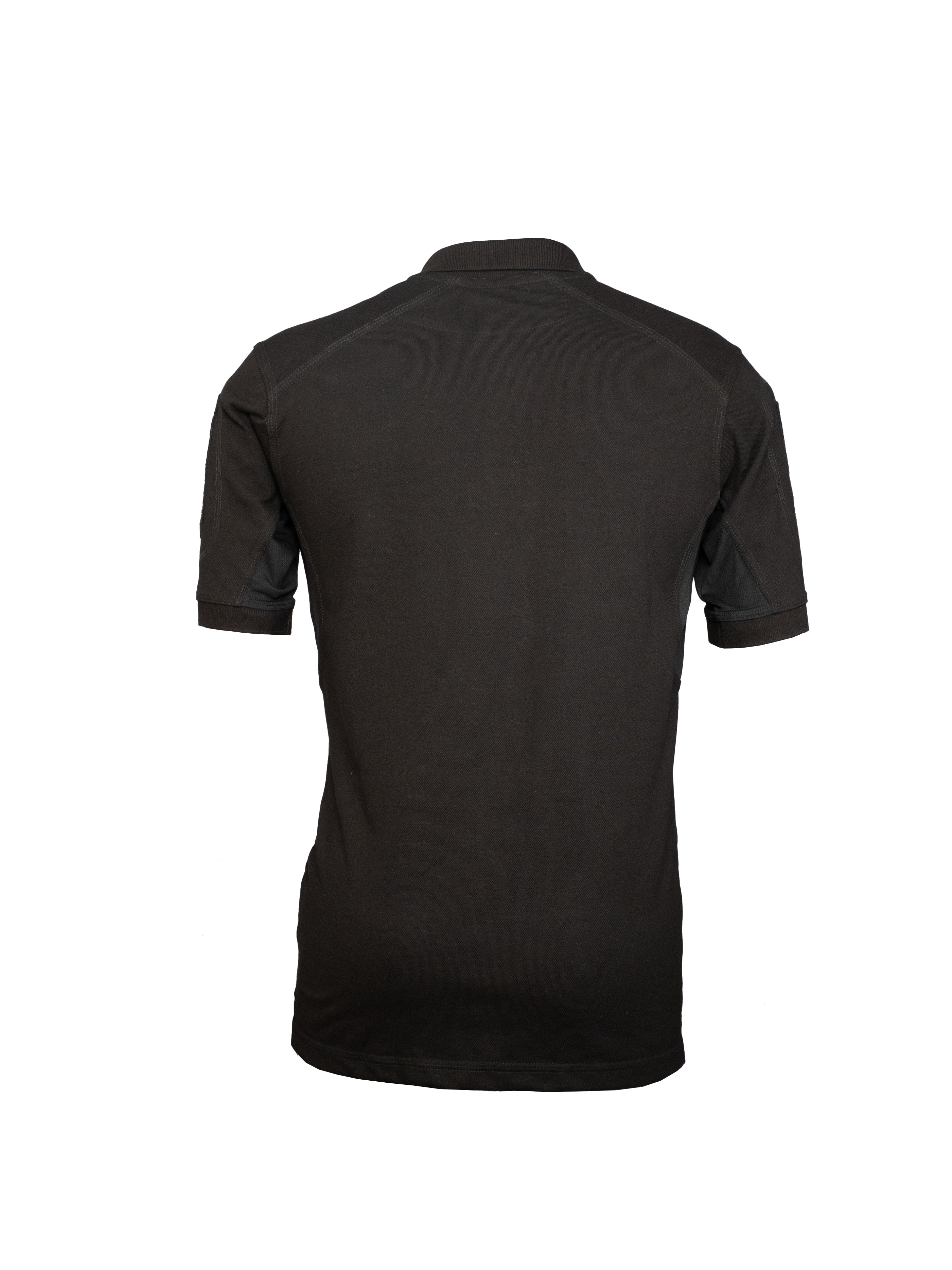 Playera polo táctica negra de manga corta con bolsillo en manga, uniforme ideal para seguridad privada y corporativa.