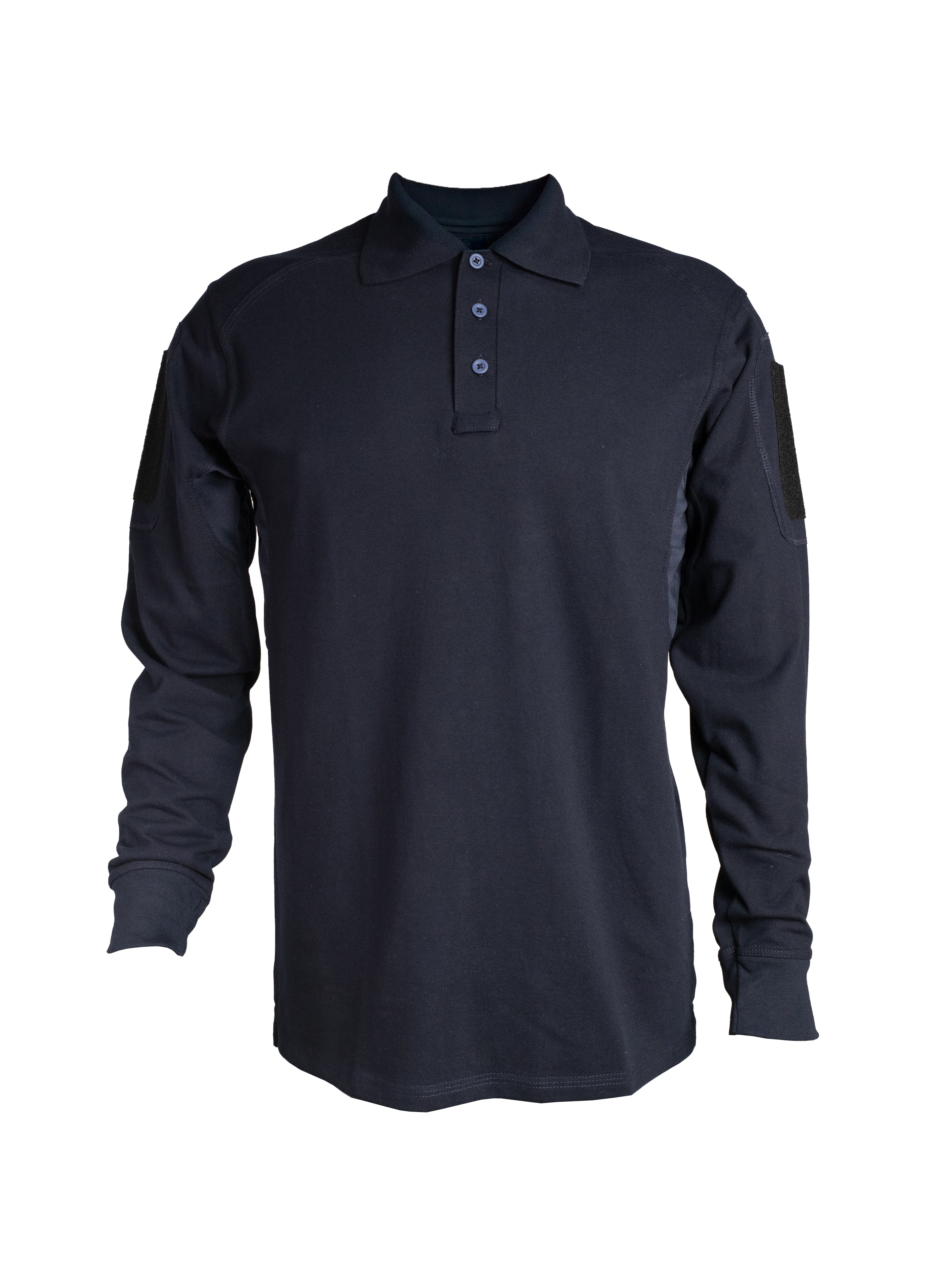 Playera táctica manga larga azul medianoche con velcros y respiradores, uniforme profesional para vigilancia y tareas operativas.