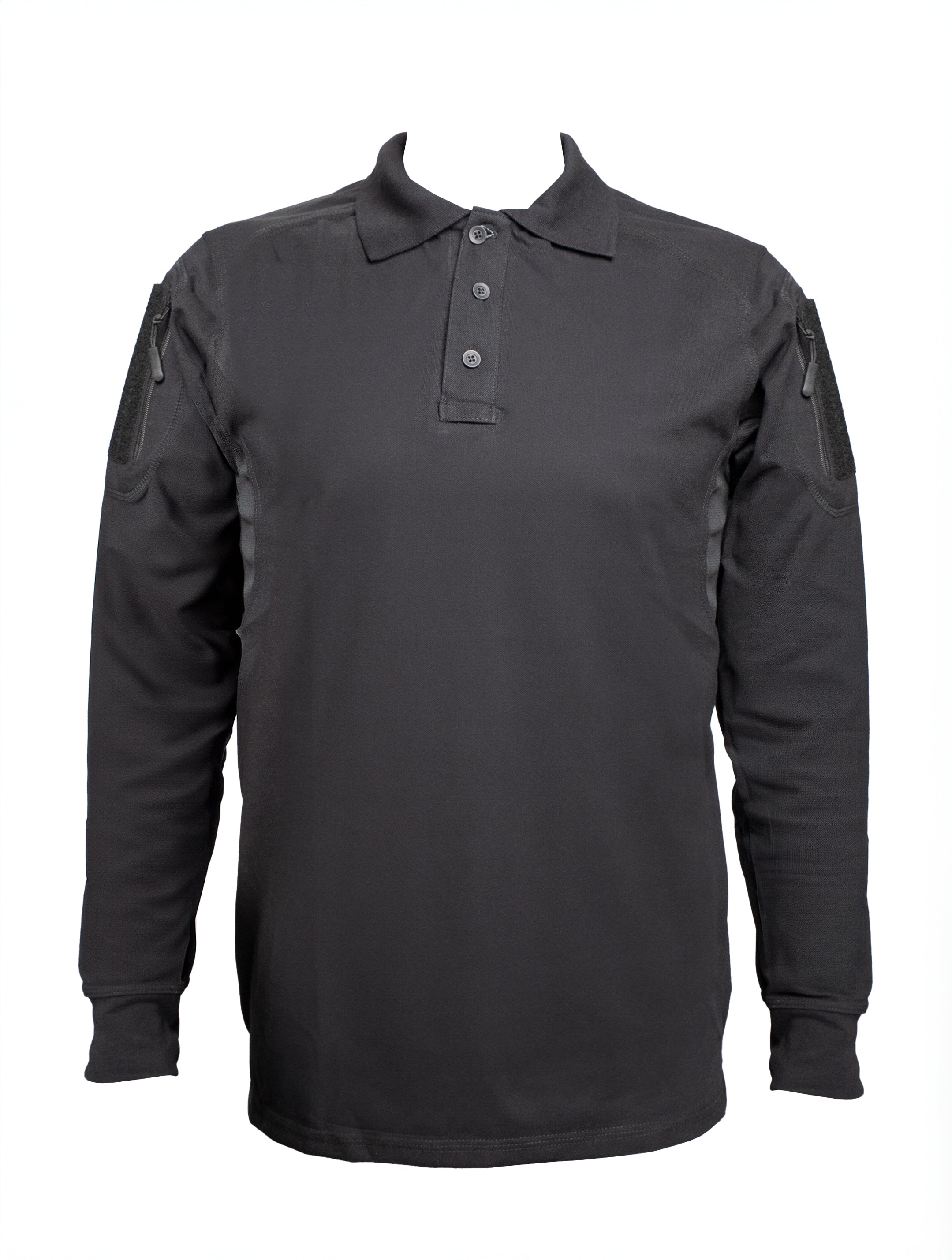 Playera táctica manga larga color negro con velcros en mangas y respiradores en axilas, ideal para seguridad y uso operativo.