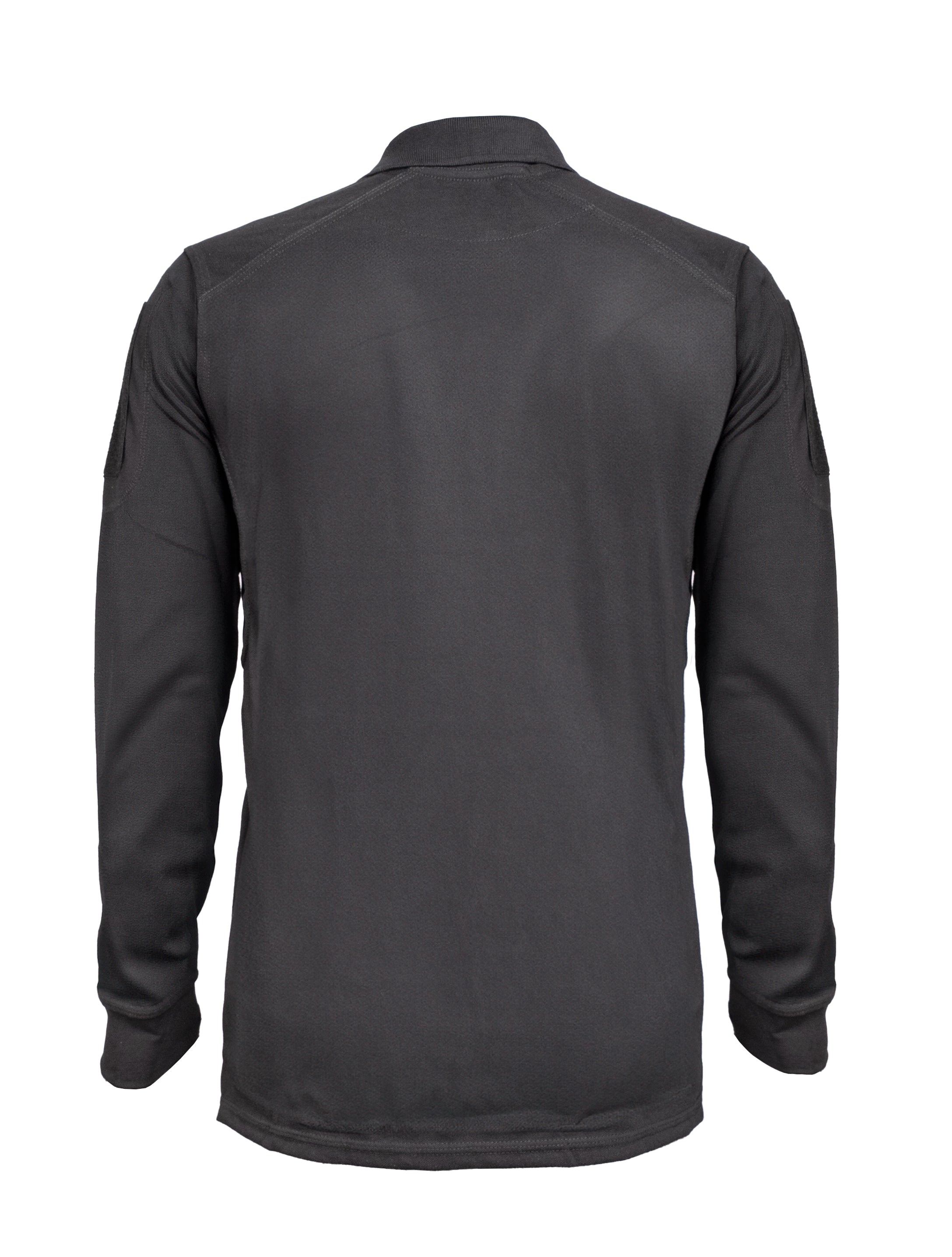 Playera táctica manga larga color negro con velcros en mangas y respiradores en axilas, ideal para seguridad y uso operativo.