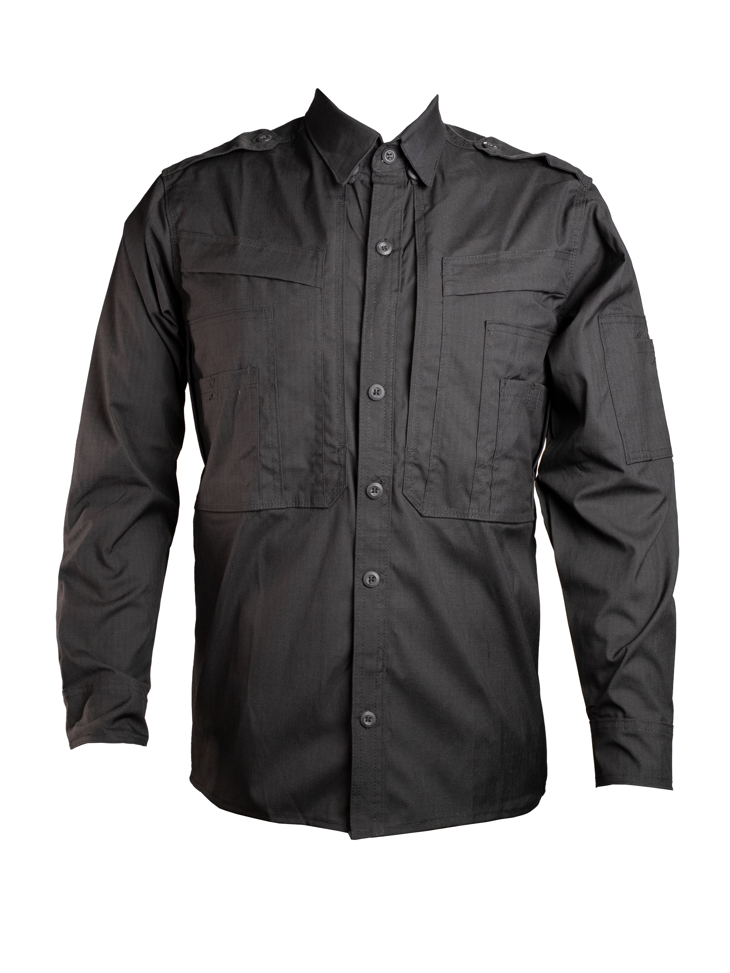 Camisola táctica Aviador color negro, confeccionada en micro ripstop con repelente y elastano, ideal para movilidad en situaciones operativas