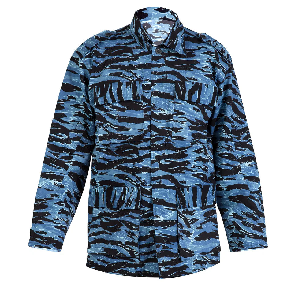 Camisola táctica camuflaje tigre azul en algodón, versátil y fresca para tareas de campo o patrullaje