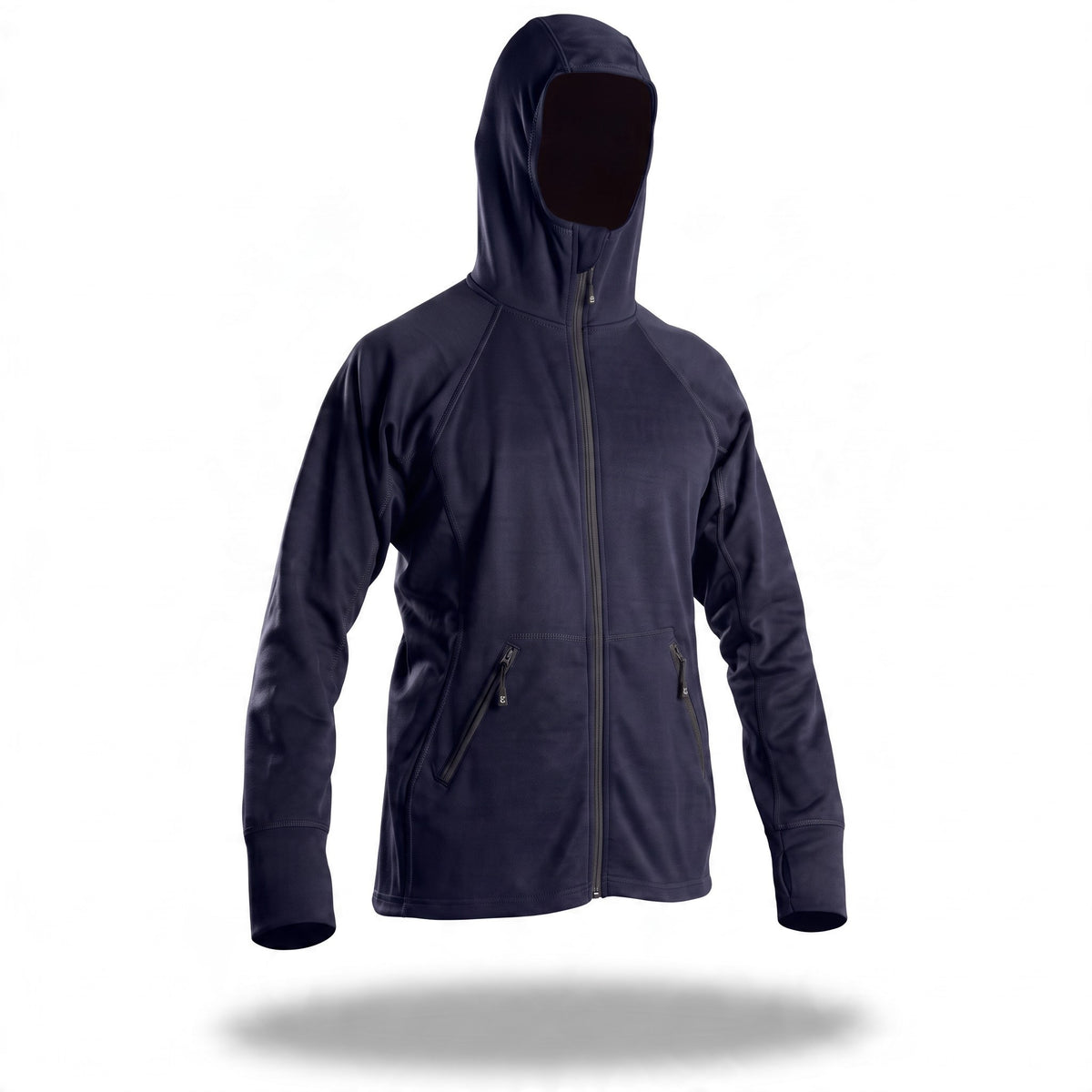 PantaTony Dharmia tactical hooded jacket in dark navy blue with ergonomic fit, YKK zippers, and thumbhole cuffs.