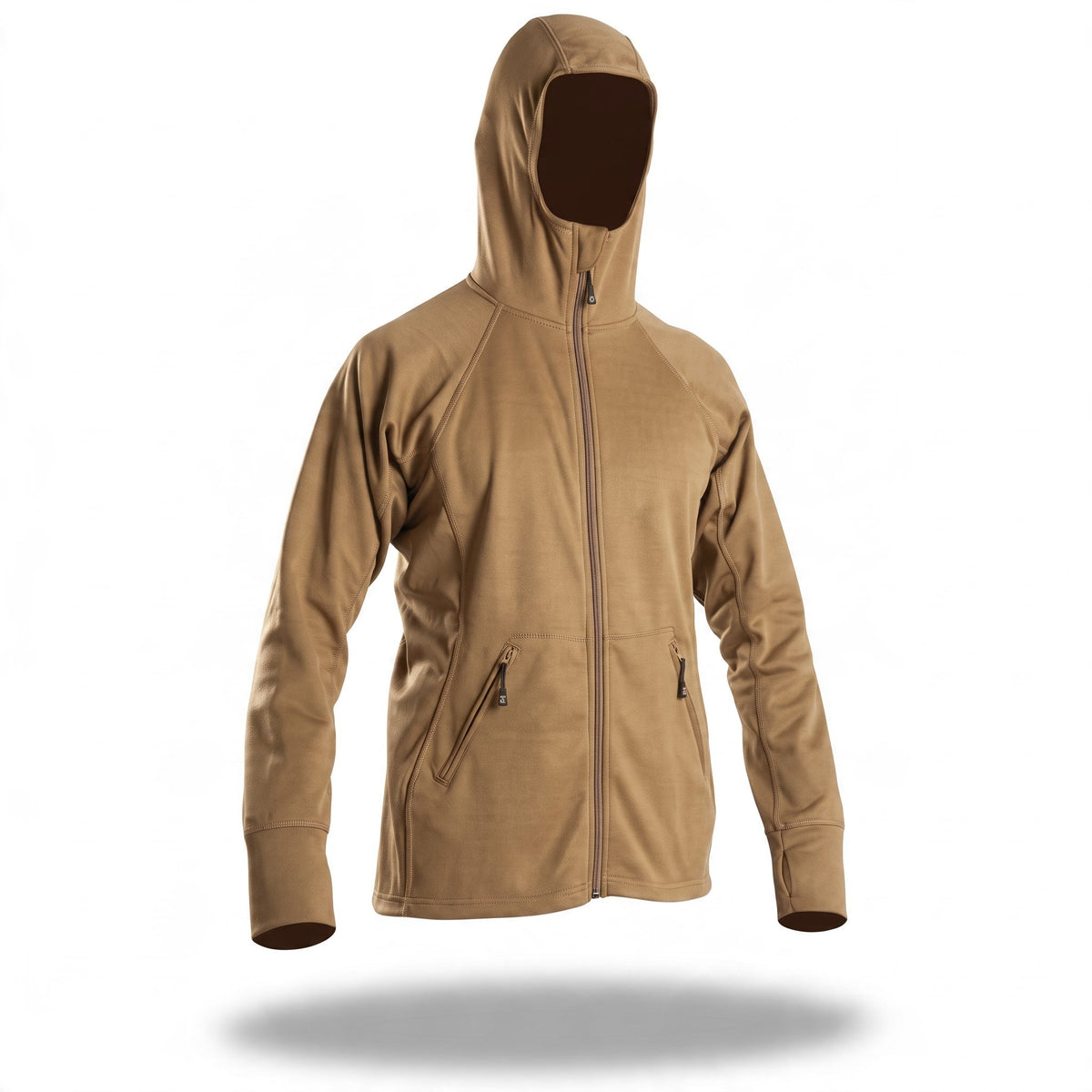 PantaTony Dharmia tan tactical hooded jacket with YKK zipper, ergonomic fit, and breathable polyester fabric.