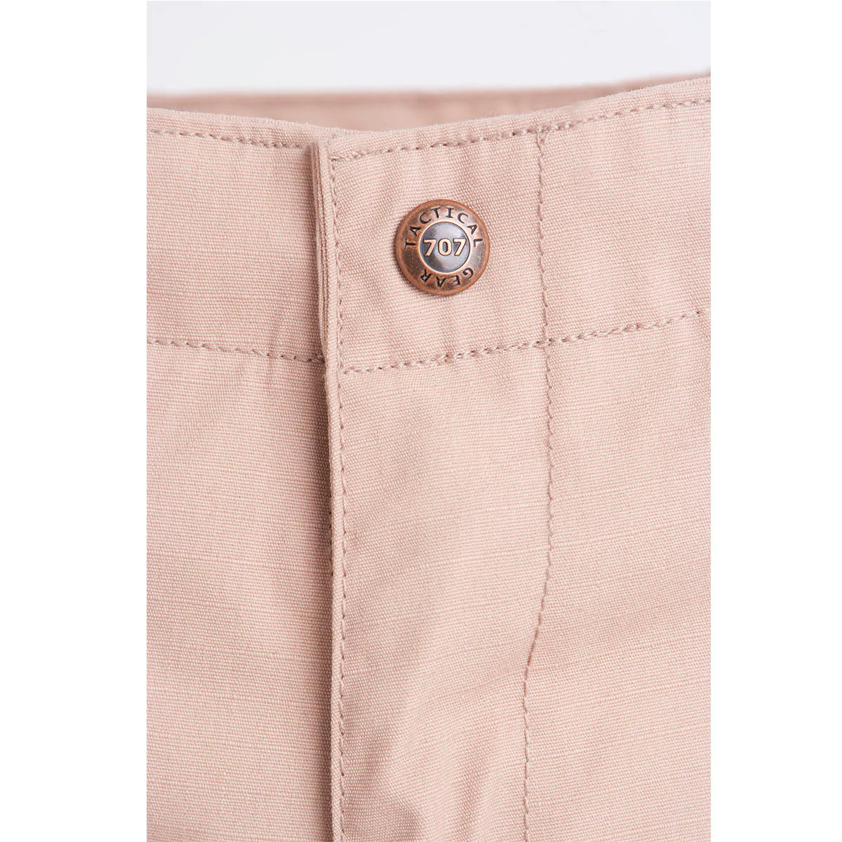 Close-up of PantaTony T.G.P Ripstop SK7 tactical pants in beige with a branded metal button and durable ripstop fabric